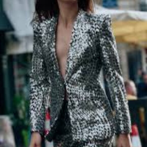 Zara silver black collarless sequin holiday sparkle blazer size S - Picture 2 of 8